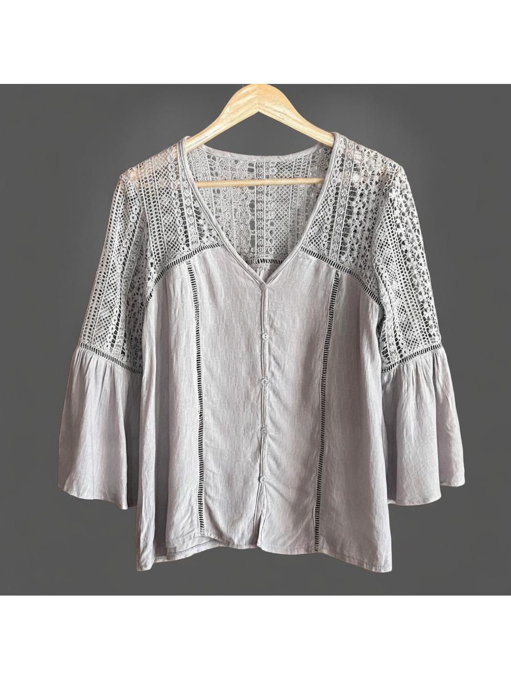 Womens Light Gray Crochet Detail Bell Sleeve Blouse Size Small Boho